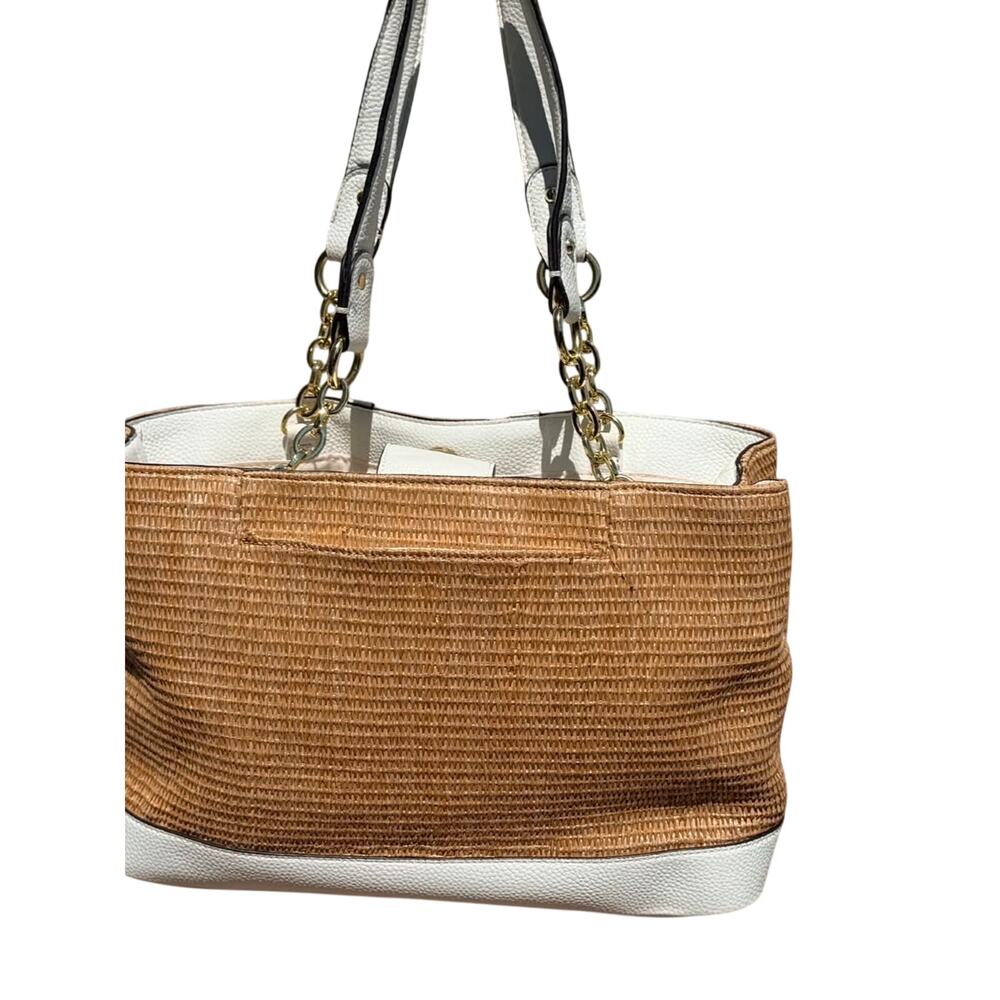 ☀️ Liz Claiborne Woven Straw & White Faux-Leather Shoulder Tote ☀️ - Picture 2 of 9